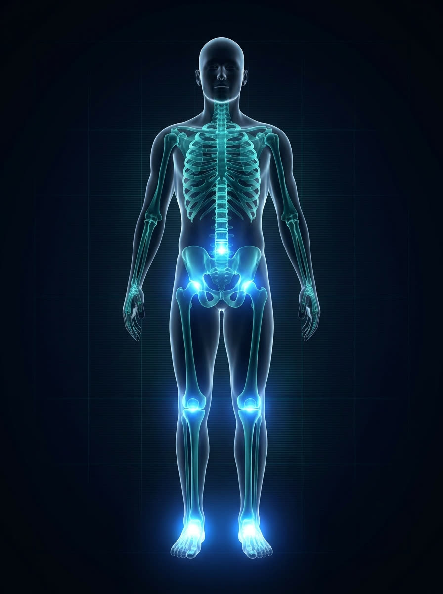 Futuristic holographic scan of a human body with glowing joints at the ankles, knees, hips and lower spine