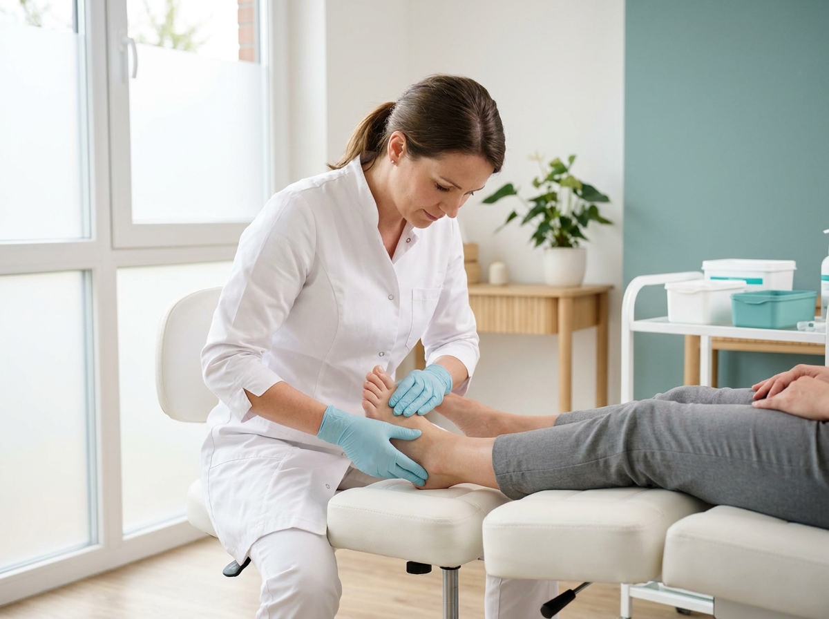 Clinician carefully examining a patient's foot and ankle in a bright clinic room