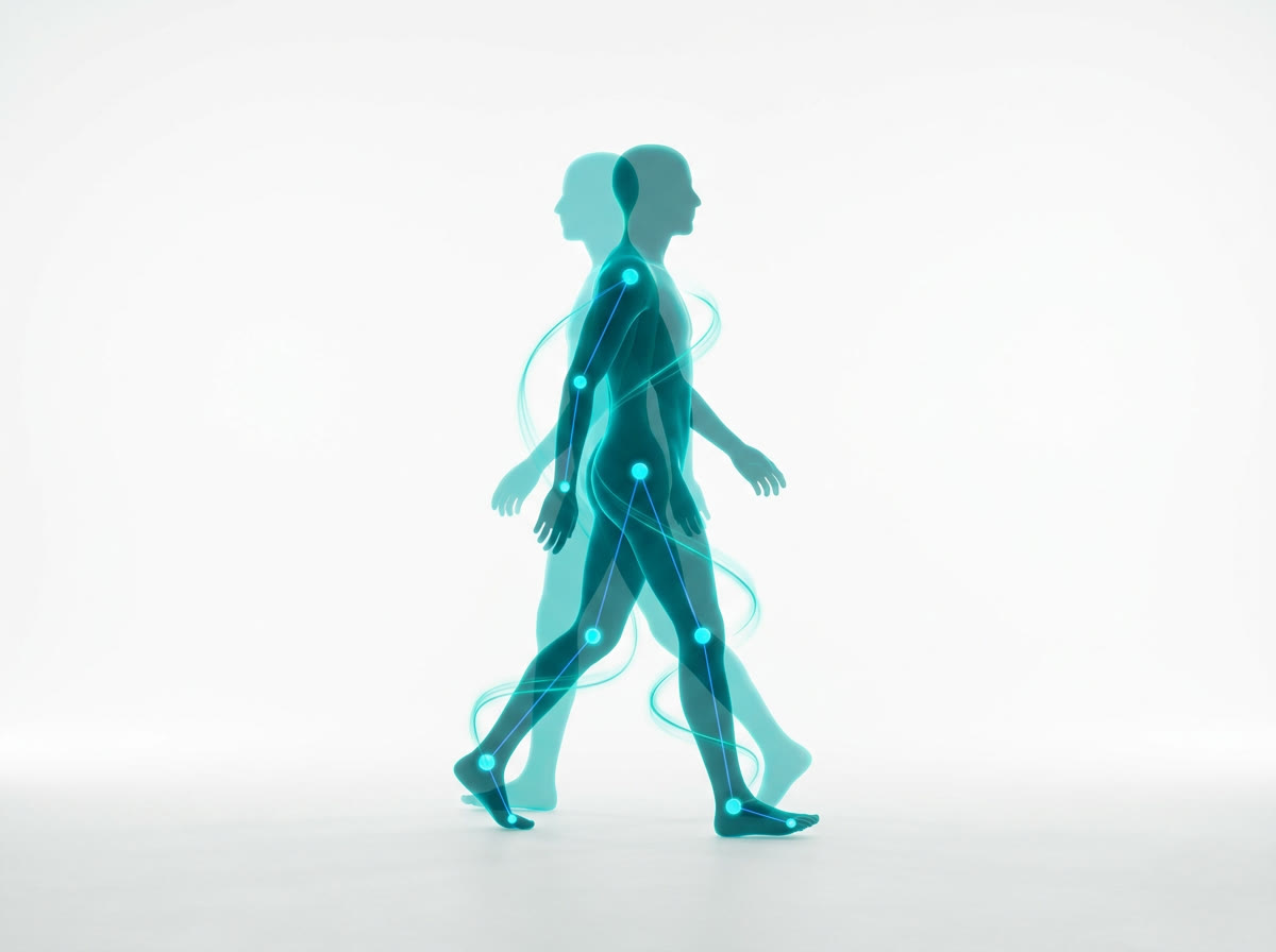 Motion study of a person walking, shown as a sequence of silhouettes with a teal motion trail and joint markers